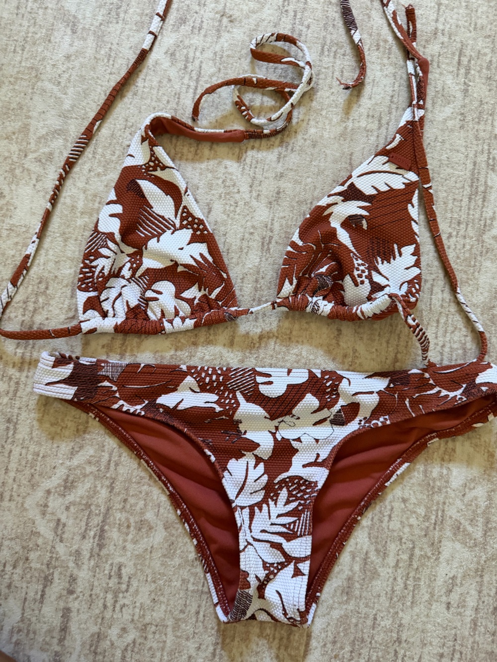 Roxy Rust and White Floral Triangle Bikini Set